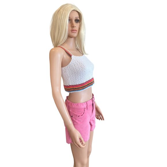 NWT Marine Layer $118 Crochet Crop Top W's XS Caro Tank White Rainbow Trim - Picture 7 of 16